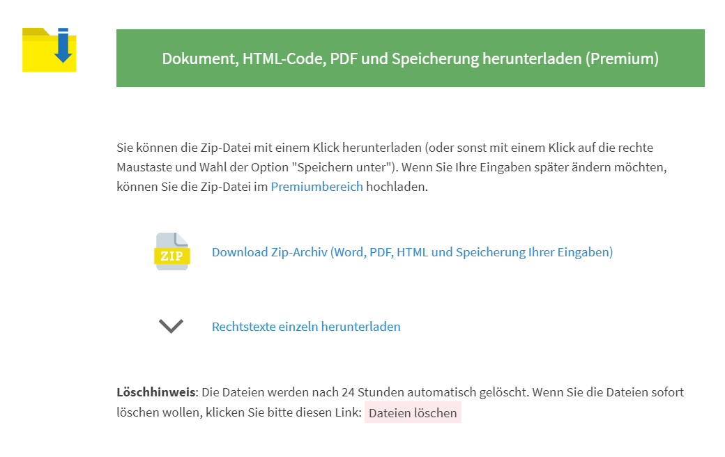 https://datenschutz-generator.de - Speichervorgang - Download