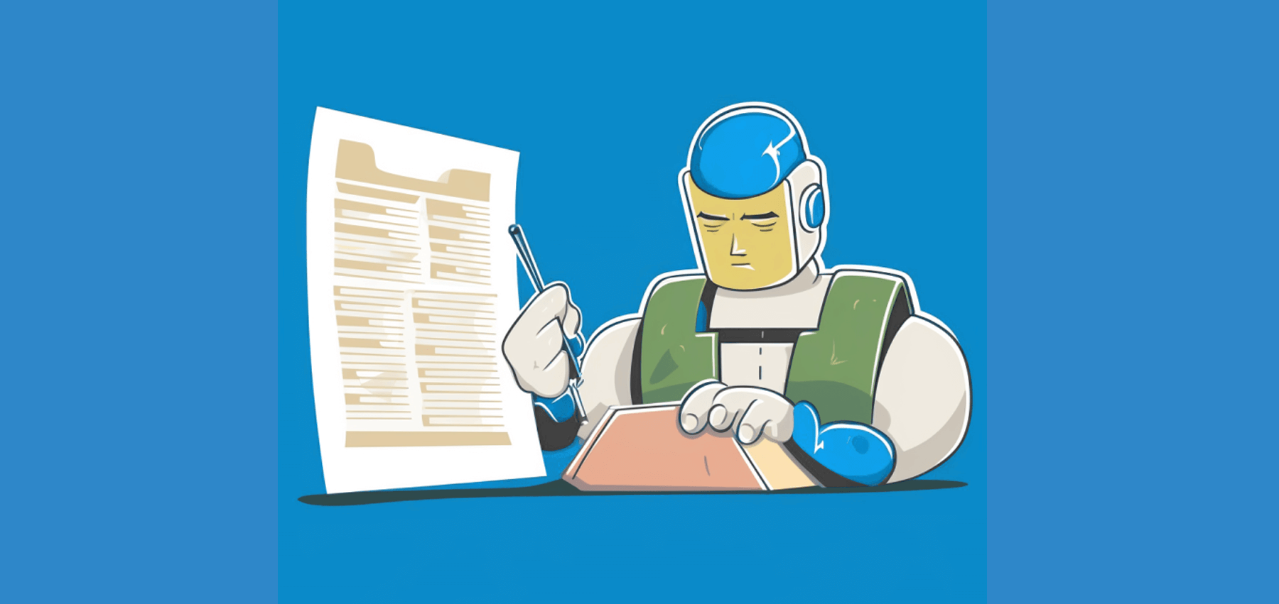 Illustration eines futuristischen Roboters oder Cyborgs mit blauem, kuppelförmigem Kopf und Kopfhörern, der ein Dokument liest und gleichzeitig auf einem Tablet arbeitet. Der Roboter trägt eine grüne Weste über einem weißen Körper. Im Vordergrund ist ein großes Blatt Papier mit Text zu sehen, das der Roboter mit einer Hand hält. Der Hintergrund ist in einem kräftigen Blauton gehalten.